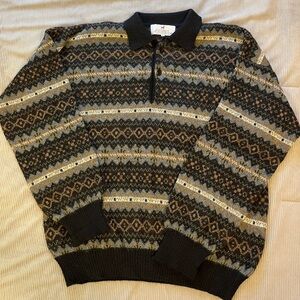 Vintage Peruvian Connection Men's Zip Polo Sweater in Black, Gold, Gray, Brown